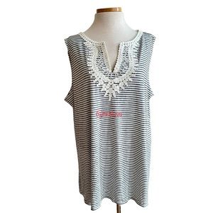 NWT Max Studio Crochet Trim V Neck Striped Sleeveless Blouse Cream Blue White 3X